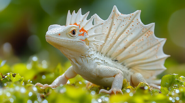 High-definition photo of basilisk lizard mid-run with frilled head and flared limbs dragon resemblance white scene 