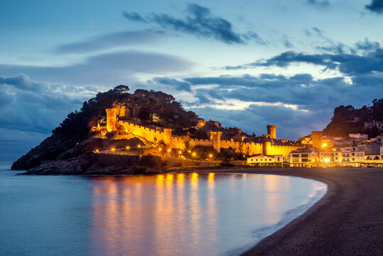 Tossa de Mar castle and townscape at dusk, Costa Brava, Girona, Catalonia, Spain
