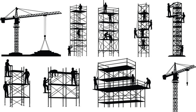 Black silhouette collection of construction workers on scaffolding and heavy cranes operating on a building site for industrial development projects.