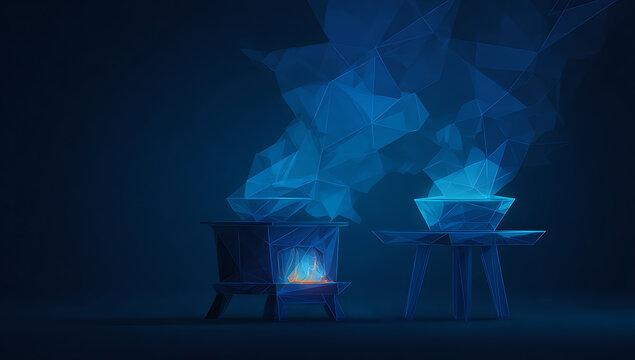 Low poly blue fire pits with smoke on dark background for design
