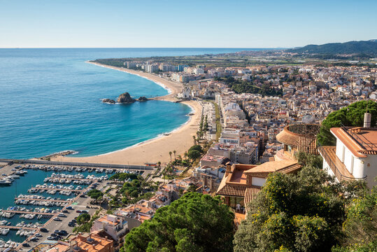 Aerial view of Blanesthe beach and harbour, Costa Brava, Girona, Catalonia, Spain