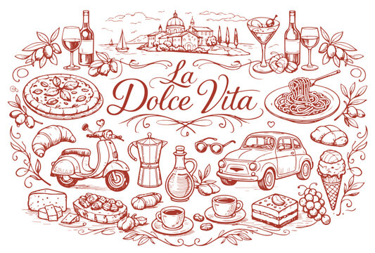 La Dolce Vita Italian Lifestyle Doodle Set with Pizza, Pasta, Vintage Car and Scooter