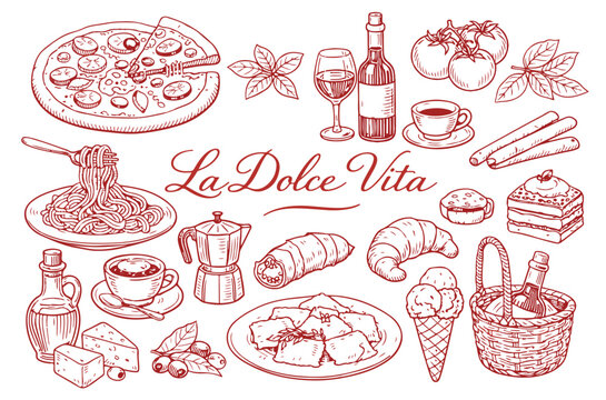 Hand Drawn Italian Cuisine Food Doodle Set, Pasta Pizza Wine and Dessert Vector Illustration