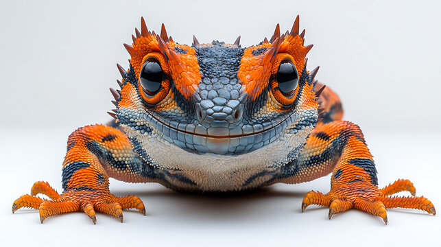 Detailed shot of thorny devil lizard with vivid patterns and spiked body cinematic composition pure white backdrop 