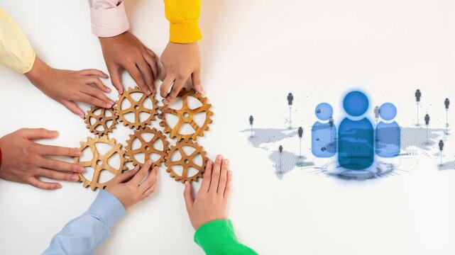 This image captures hands assembling gears, symbolizing teamwork and innovation. The digital elements represent modern communication tools essential for collaboration. Raster