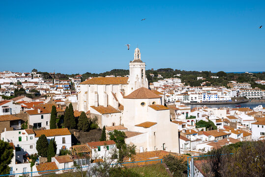 Birds flying over Cadaques old town with the church of Santa Maria, Girona, Catalonia, Spain