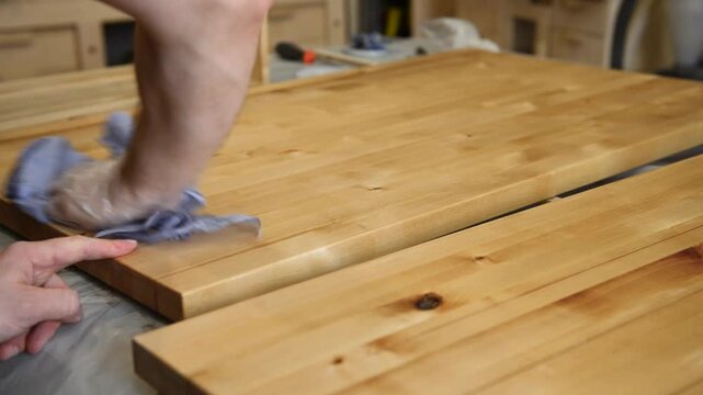 Master carpenter, Applying natural oil on natural wood product. Carpenter applying protective varnish to wooden surface in workshop. Impregnation of wood and coating with oil