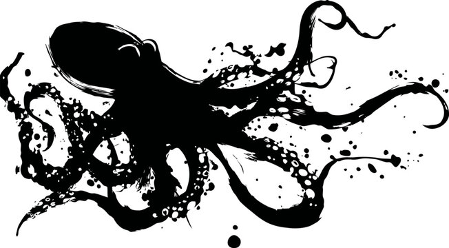 black octopus silhouette with splattered ink effect and swirling tentacles underwater design