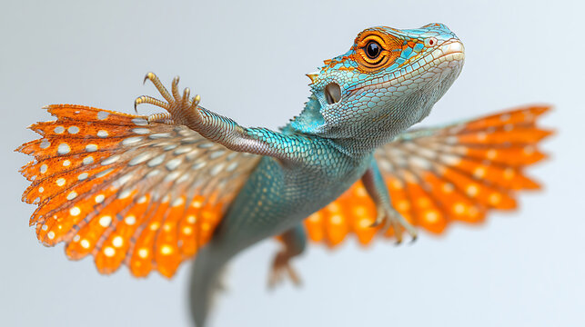 Close-up of a Draco lizard gliding mid-air with its wing-like membranes extended vivid colors sharp white background 
