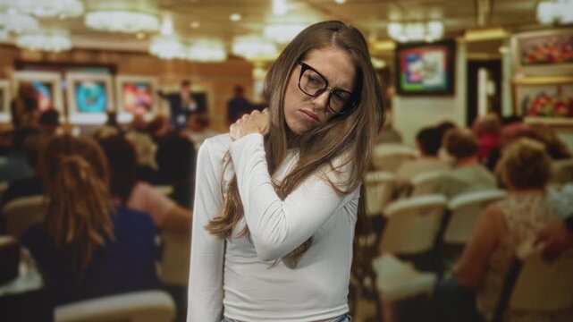 Young hispanic woman with glasses holding her shoulder while wincing in an art gallery among seated visitors; discomfort.