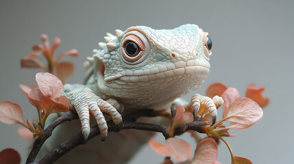 Fototapeta premium Bright 8K photo of forest dragon lizard gripping branch with armored posture vivid greens white backdrop 