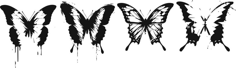 Fototapeta premium four black grunge butterflies with paint drip effect on white background