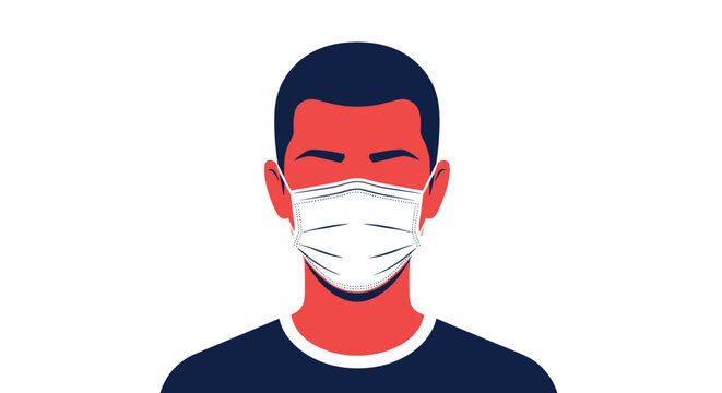 Portrait of a man with red skin wearing a white medical face mask highlights themes of hygiene and respiratory protection today.