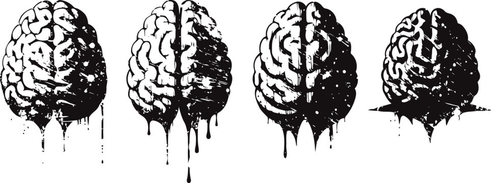Black and white artistic dripping brain illustrations showing different views and melting effect