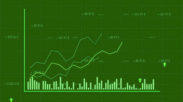 Green diagram with rising graphs, random stock market data moving up, success, profit, making money. Bar graph, business, trading, investment, financial report, analyzing, market research.