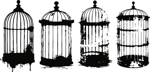 Fototapeta premium four vintage birdcages silhouettes with distressed texture and ornamental design elements