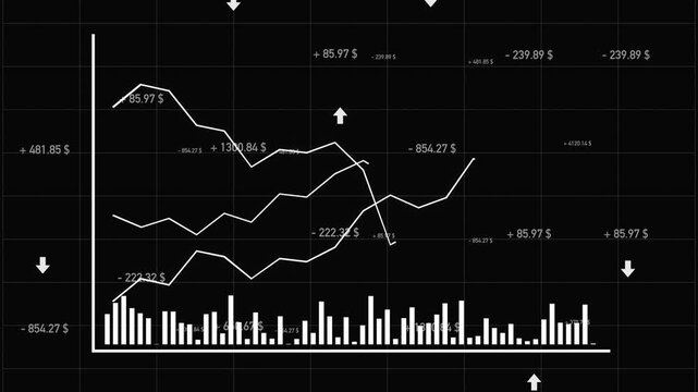 Diagram with rising and falling graphs, random stock market data moving up and down. Bar graph, business, trading, investment, financial report, analyzing, market research.