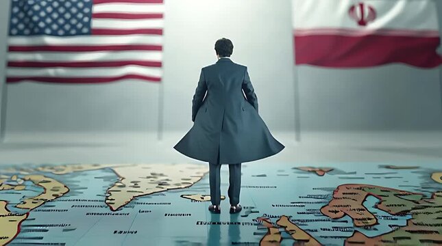 Diplomat Standing on World Map Facing United States and Iran Flags