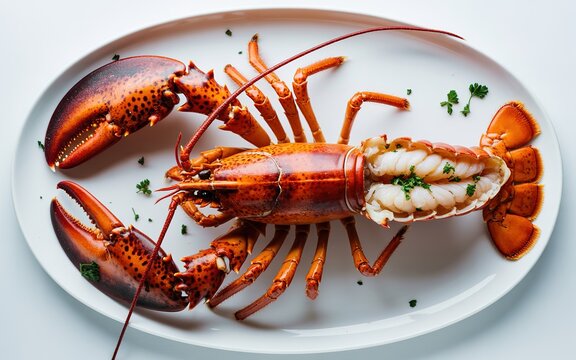 A Whole Cooked Lobster, Split and Detailed, Served with Fresh Parsley and a Light Butter Garnish on a White Platter.