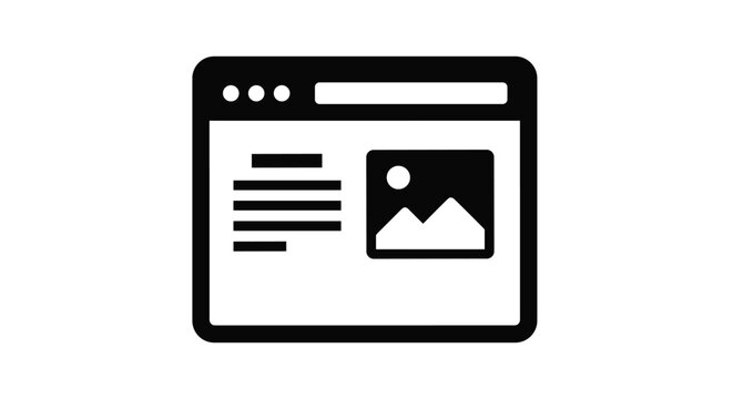 Black web browser window icon showing a website layout with text and an image placeholder on a white background.