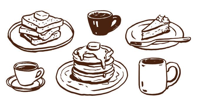 Hand drawn breakfast food and drinks in brown line art. Simple vintage style vector illustration. Pancakes with syrup, french toast, cake slice, coffee cups, cozy meal set.