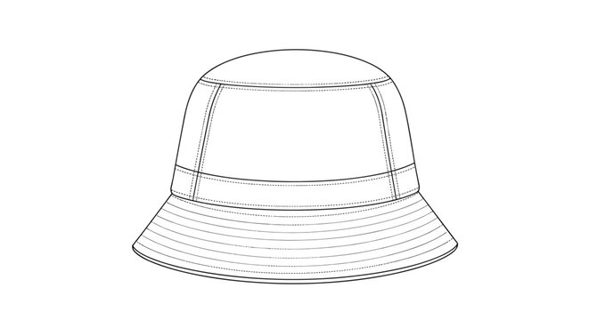 Technical line drawing of a bucket hat with a wide downward sloping brim shown as a design template for headwear.