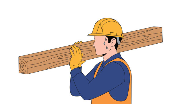 Exhausted construction worker in safety gear carries heavy wooden beam on shoulder while sweating under demanding work conditions.