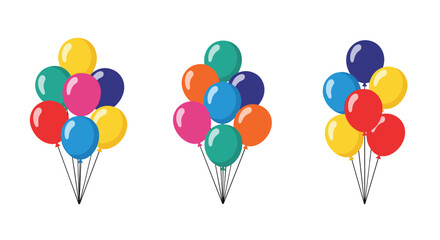 Obraz premium Three separate bunches of vibrant multi colored balloons tied together for birthday parties and festive holiday celebrations.