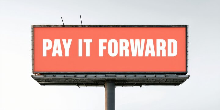 Billboard displays message Pay It Forward. Red text on white background, simple design, gray support structure, sky visible.