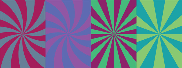 Retro swirl background set with colorful twisted sunburst rays and hypnotic radial pattern