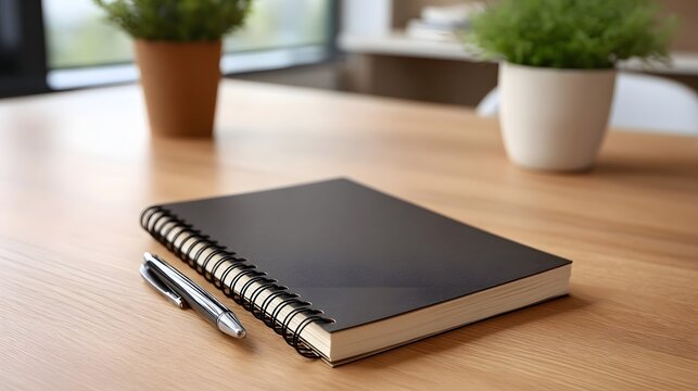 A closed black spiral notebook and a silver pen rest on a polished wooden desk accompanied by potted plants in the background