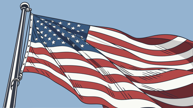 A vector illustration of the American flag waving on a flagpole against a clear blue sky
