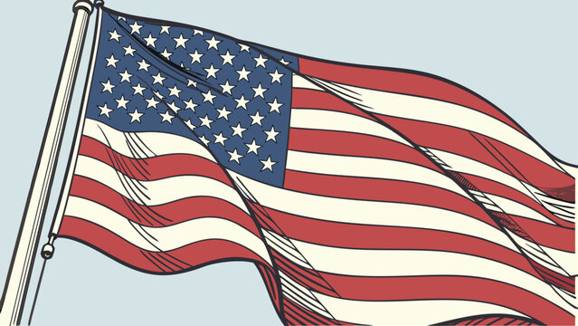 A vector illustration of the American flag waving on a pole