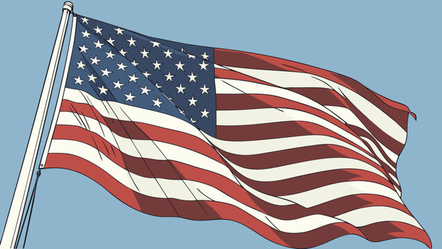 A vector graphic illustration of the American flag waving on a flagpole