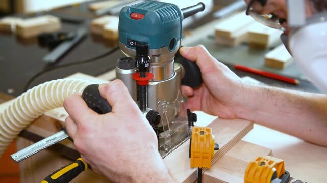 Skilled carpenter flexing his muscles while using router at construction site. Wood router in action smoothly cutting into a wooden surface. shot highlights woodworking craftsmanship