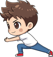 Fototapeta premium Cute cartoon vector illustration of a young boy with brown hair in a white shirt and jeans performing a martial arts energy pose
