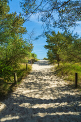Fototapeta premium Sunny summer view of Baltic Sea from sand dunes on Usedom Island Germany bright blue sky beach vacation outdoor lifestyle relaxation and nature