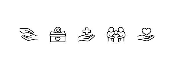 Fototapeta premium Charity giving icons: donation box, healthcare, family support, love.
