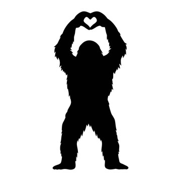 Silhouette of bigfoot making heart shape with hands love gesture cryptozoology artwork design