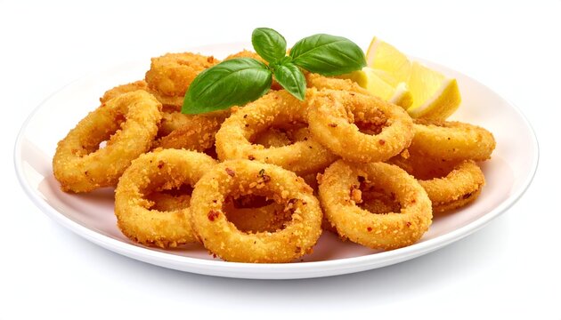 Golden fried calamari rings on a white plate with lemon wedge and fresh basil