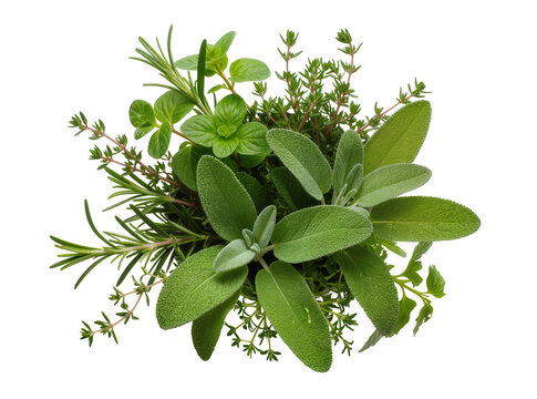 Isolated fresh culinary herbs mix with fragrant rosemary, sage, thyme, and mint sprigs
