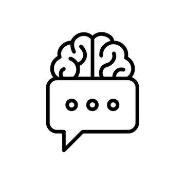 A black line icon of a brain above a speech bubble