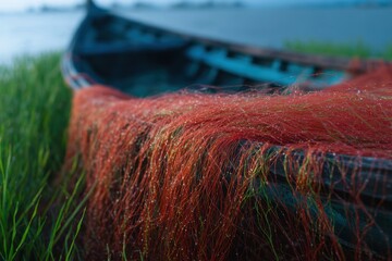 水辺の草の上に赤い網を張った漁船