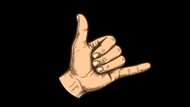 Hand drawn animation of a shaka hang loose gesture with black fill and cross hatching style on transparent alpha channel background for surfing and greeting concepts