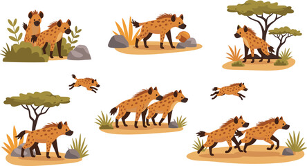 Obraz premium Spotted Hyena Wildlife Illustration Set Showing African Animals in Natural Savannah Habitat with Running, Standing, and Group Behavior Scenes in Vector Style.
