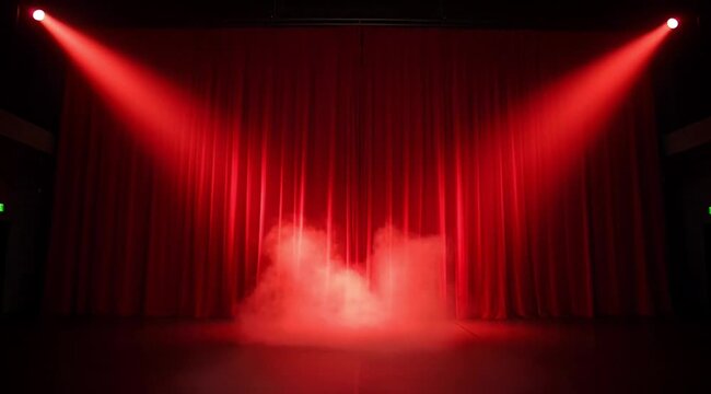 A dancer's dramatic entrance on a darkened stage with red curtains