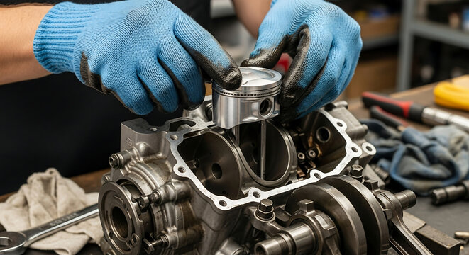 Mechanic's hands in blue gloves assembling a piston into an open engine block, showcasing detailed internal components.