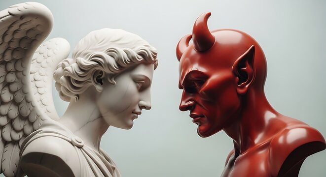 A marble angel and a red devil confront each other in a symbolic portrait
