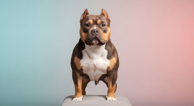 Powerful pocket bully dog with brown white tan fur standing on a block in a studio portrait