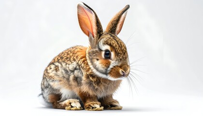 Obraz premium A fluffy rabbit sits on a white background, ears upright. Fur is brown and gray